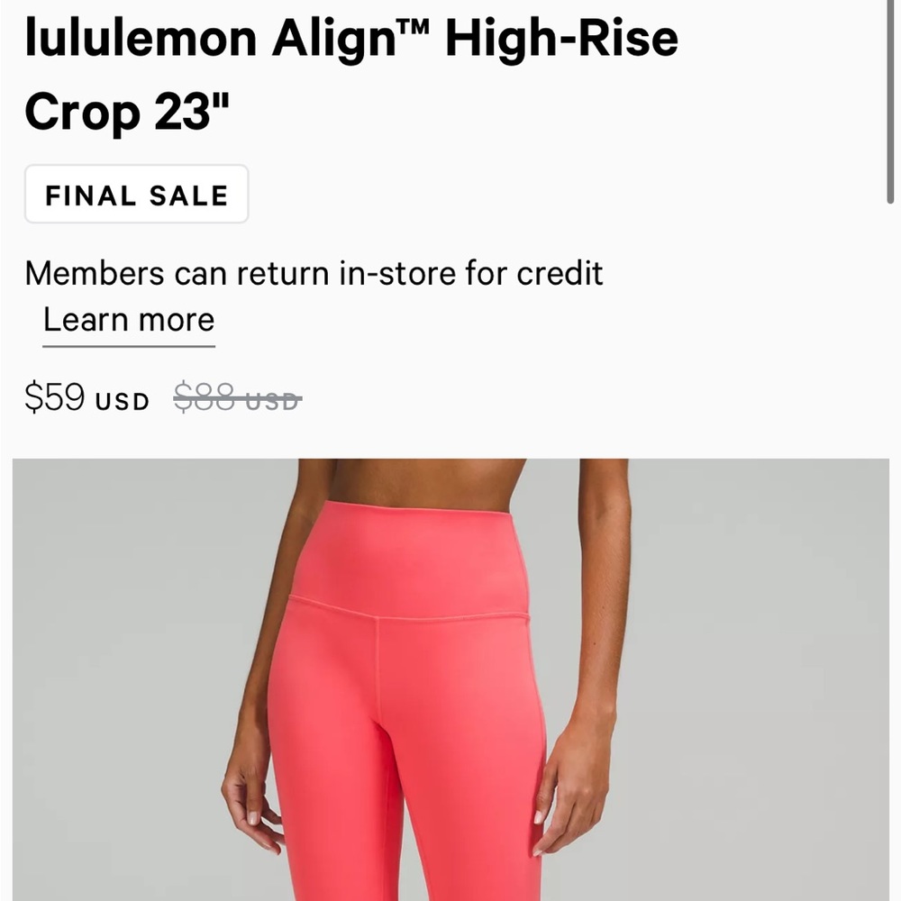 lululemon Align Crop 23” in Raspberry Cream Size 6